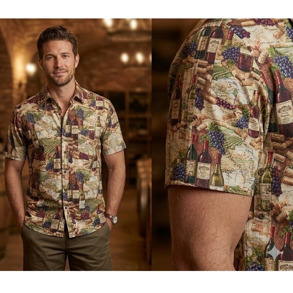 Kahala Men‎ L Wine Country Cotton Lawn Hawaiian Shirt Short Sleeve Novelty Print